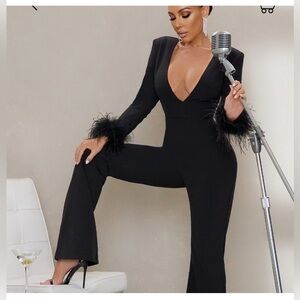 Club L London Black Jumpsuit with Feather Details